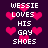 Pixelated text 'WESSIE LOVES HIS GAY SHOES' repeated with pink heart symbols on a dark purple background.