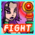 A 4-frame animated contact sheet showing a pixelated cartoon character with purple hair and green top, holding a rainbow-colored weapon-like object, with the word "FIGHT" in orange text at the bottom of each frame.