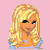 Pixelated image of a blonde woman with green eyes wearing a blue top, standing against pink background with text below.
