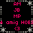 Pixel art with pink text and white symbols on black background, featuring repeated 'AM', 'JB', 'MP' labels and 'amig HOES' text in a symmetrical layout