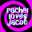 Four identical circular icons arranged in a , each with a black spiral background and white text reading "rachel loves jacob" in a pixelated font