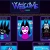 Pixelated grid of six blue-framed panels with central pink figure, top panel shows abstract purple and white shapes.