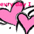 Pink hearts with black outlines and white wings on a white background, overlaid with red text fragments.