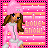 Pixel art of a girl in pink pajamas with a pink hat, standing against a pink and orange striped background with "I LOVE SNOW!" text.