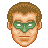 Pixelated head with brown hair, green eyewear, and light skin tone against gray background.