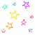 Pixelated star-shaped icons in various colors including green, blue, purple, yellow, orange, pink, and light purple arranged on a white background.