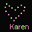 Two side-by-side pixel art heart shapes made of pink and green squares above the name 'Karen' in mixed-color block letters on black background.