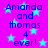 A static image with a bright purple background and light blue stars, displaying repeated text "Amanda and thomas 4 ever!" in dark blue pixelated font.