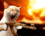 A light-colored cat with closed eyes holds a rifle against a fiery orange and yellow background, its mouth open in a wide yawn.