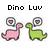 Pixelated image of two dinosaurs facing each other with heart symbols above their heads, labeled "Dino Luv" at the top.