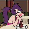 Pixelated cartoon character with purple hair in a high ponytail, wearing a pink sleeveless top, resting elbows on a table with a brown napkin and white plate.
