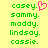 Green pixelated text list on yellow background with one pink heart symbol replacing the period after 'casey.'