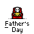 Pixel art icon of a seated figure with white hair and yellow shirt on red chair, displaying multiple text variations including "Father's Day" and celebratory phrases.