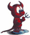 A pixelated red devil figure with horns, a tail, and blue accents stands against white background holding a small object.