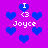 Pixelated icon with purple background, blue hearts, and white text reading "I <3 Joyce" in four repeated arrangements.