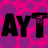 A 3-frame animated contact sheet showing the text "AYT" in bold black letters against three different colored backgrounds with circular patterns, each frame displaying a slightly altered version of the letter T.