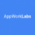 Pixelated text 'App World Labs' in light blue on solid blue background, rendered with low-resolution blocky pixels.