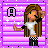 Pixel art buddy icon featuring a female character with long brown hair against a purple striped background, split into two frames showing different poses and text elements.