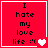 Red square icon with black text "I hate my love life :'(" and a white heart symbol, transitioning to multiple pink hearts.