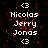 Pixelated text displays 'Nicolas Jerry Jonas' with red noise and white brackets on black background, repeated in a pattern