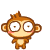 Brown cartoon monkey with large eyes and pink cheeks in multiple poses including standing, crying, and holding a brown object with yellow sparks.