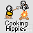 Pixel art of two skeletal figures roasting marshmallows over a campfire with 'Cooking Hippies' text below.