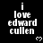 Black background displays white pixelated text "i love edward cullen" with small heart symbols, arranged in a pattern across multiple and