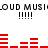 Pixelated text and red audio waveforms alternate vertically on a white background, with repeated 'LOUD MUSIC' and '!!!!!' elements.