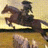 Pixelated static image of a rider on a horse in mid-gallop against a gradient background.