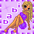 Pixel art of a blonde woman in a purple bikini posing against a light purple background with white text characters.