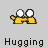 Animated contact sheet of pixel art buddy icons showing yellow stick figures in hugging poses with varying arm positions and text labels beneath each frame.
