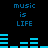 Blue pixelated text and audio equalizer bars on a black background, with 'music is LIFE' repeated twice in two