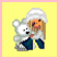 A pixelated buddy icon featuring a blonde girl in winter clothing holding a white teddy bear on the left frame and pink text reading "I Love Teddy" on the right frame against yellow backgrounds with pink borders.