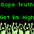 Green pixelated text on black background with repeating phrases and a of light green hands below