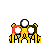 Pixelated yellow figure with white eyes and red accents, animated to shift eye positions across four