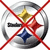 A circular silver-toned icon with four colored diamonds crossed by red X lines, next to a red background with 'Superbowl XLIII' text.