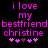 Pixelated text in bright pink on black background reads "i love my bestfriend christine" with four heart symbols below, two versions differ slightly in heart colors.