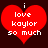 Red heart-shaped icon with white pixelated text reading "i love kaylor so much" on dark brown background.