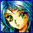 Pixelated face with green eyes and multicolored hair against a blue-green gradient background, framed by a solid blue border.