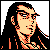 Pixelated static image of a person with long black hair and orange skin tones against a gray background, rendered in low-resolution 8-bit style.