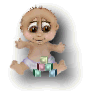 Animated baby avatar with brown skin, large brown eyes, and sparse hair, wearing white diaper, holding colorful blocks, displaying multiple poses and expressions.