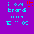 Purple background with cyan text reading 'i love brandi a.a.f 12-11-09' and a red pixelated heart symbol above 'brandi' in the left view, identical text without the heart in the right view.
