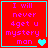 Red background with cyan border displays pink text 'I will never 4get u mystery man' and changing heart symbols across four