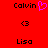 Red background displays two Calvin/Lisa text pairs with a pink heart symbol above the left Calvin text, and two black '<3' symbols between the text pairs.