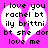 Pixelated text in a broken heart shape on bright pink background with white fill, displaying 'i love you rachel bt ily brittni bt she dor love me' across two identical