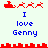 Red sleigh with reindeer above blue text 'I love Genny' on light background, two variations of the icon's animation frames shown side-by-side.