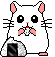 Pixelated white hamster with pink ears and nose holds a black-and-white striped object, displaying sequential mouth movements across frames.