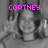 A grayscale image of a person with long hair making a peace sign, overlaid with pink pixelated text reading 'CORTNEY', '<3's', and 'HIM' across different sections.