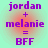 Four identical pixelated text-based icons arranged in a , each displaying 'jordan + melanie = BFF' in purple letters over a red circular gradient on a light green background