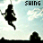 Silhouette of a girl on a swing against a sky background with text 'SHING', 'LIFE', and 'AWAY.' in pixelated font.